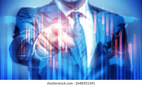 Businessman Touching Digital Interface with Global Financial Charts and Maps