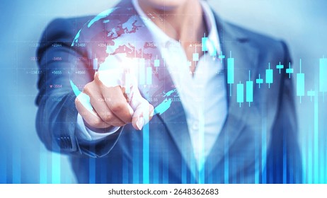 Businessman Touching Digital World with Graphs and Data Visualization