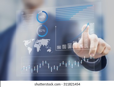 Businessman Touching Financial Dashboard With Key Performance Indicators