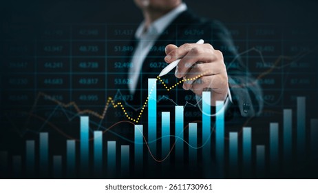 Businessman touching Financial graph with up arrow symbol, Stock market chart, Forex investment, Investment growth and savings, Interest rates and dividends, Stock and mutual fund returns.