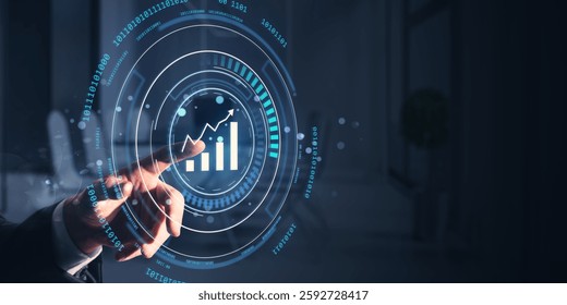 Businessman touching financial growth chart on futuristic digital interface, glowing in dark background. Concept of market analysis and investment - Powered by Shutterstock - Get 15% off with code: PIKWIZARD15