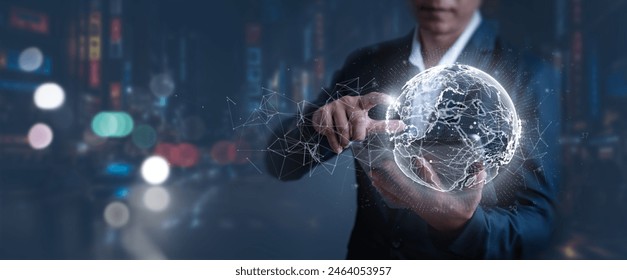 Businessman touching global network connection. Digital link tech. Big data analytics and business intelligence concept. Quantum computing technology in the future. Expand business around the world.