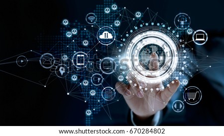 
Businessman touching a global network connection, Omni Channel and communications concept