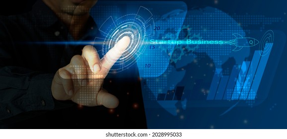 Businessman Touching Global Network And Data Exchanges Over The World Start-up Funding Crowdfunding Investment Capital Entrepreneurship Internet Business Technology Concept On Blurred Background.