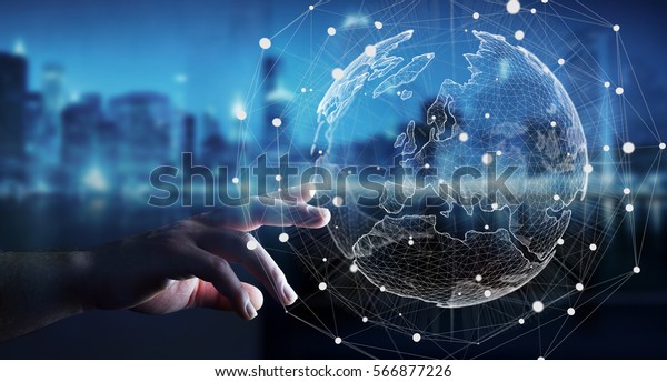 Businessman touching global network and data\
exchanges over the world 3D\
rendering