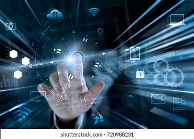 Businessman touching global networking data exchanges and payments online shopping with icon customer connection on worldwide information background, m-banking and omni channel, multichannel 