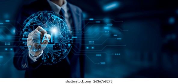 Businessman touching glowing AI icon on digital globe with futuristic technology interface, symbolizing artificial intelligence, innovation, big data, and digital transformation in modern business.