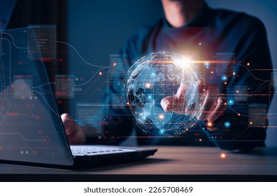 Businessman touching histogram the virtual earth global network connection and interface activated, globalization innovation technology and global business concept.