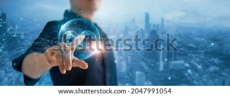 Businessman touching the icon of infinity on the global network connection, The infinity of unlimited Internet 