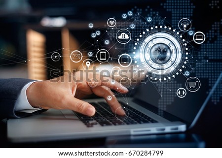 Businessman touching a laptop on global network connection, Omni Channel and communications concept
