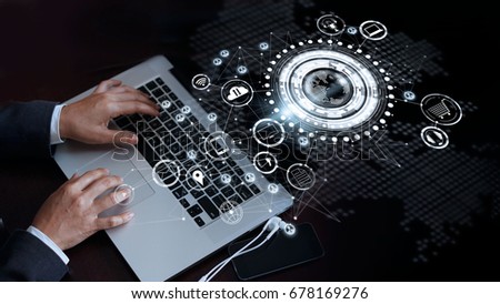 Businessman touching laptop on a global network connection, Omni Channel and communications concept