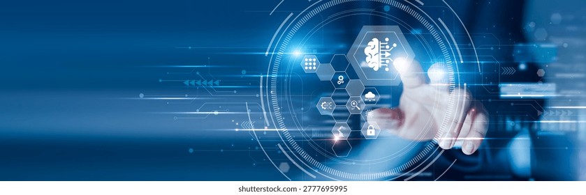 Businessman touching the machine learning and data models, AI patterns, predictive analytics, smart algorithms, automation systems, intelligent insights
