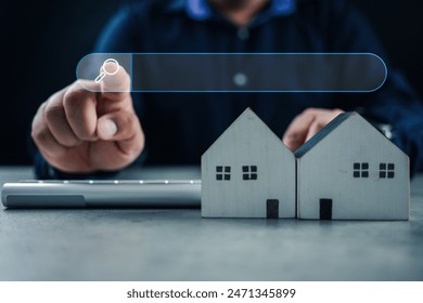 Businessman touching magnifying glass icon search for find information home on top of wood house. Search advertising for rent or buy home. Search Engine Optimization. Choosing house, real estate - Powered by Shutterstock