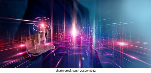 Businessman touching metaverse technology on global network connecting and generated environment between user interface and augmented reality and virtual reality on social media platform.