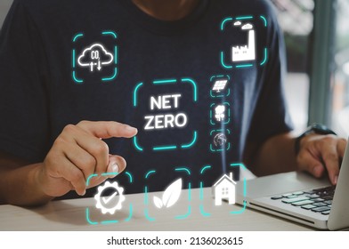 Businessman Touching Net Zero Save The Eco World And Reduce Pollution Virtual Screen. Virtual Screen Business Technology Concept.