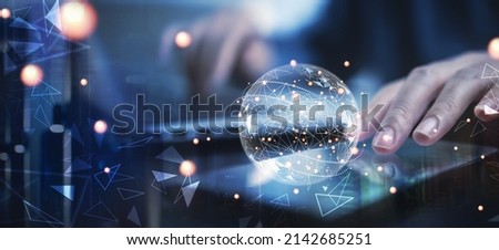Businessman touching on mobile phone and global structure networking and data exchanges connection, Digital marketing, Social Media, internet network connection, business and digital technology.