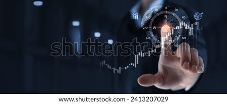 Businessman touching on virtual navigation compass and define marketing direction, analyzing business growth graph on global network, business solution, recovery and development concept