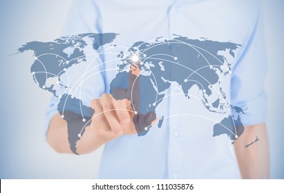 Businessman touching on world map with futuristic communication interface.