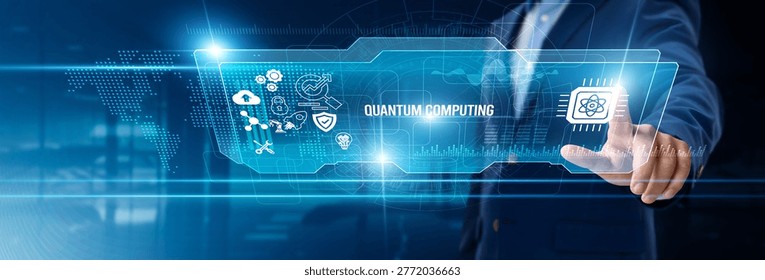 Businessman touching quantum computing on digital screen, superposition calculation, quantum algorithms, data encryption, advanced research, high-speed processing, futuristic technology