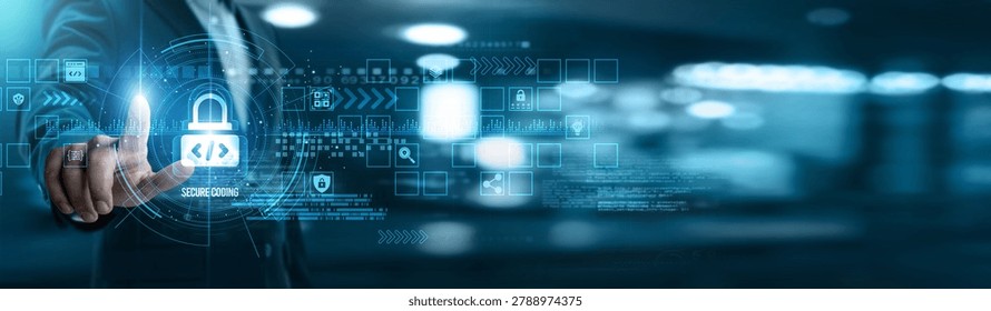 Businessman touching secure coding networking and vulnerability detection, encryption methods, penetration testing, input validation, compliance standards, code review, threat prevention.