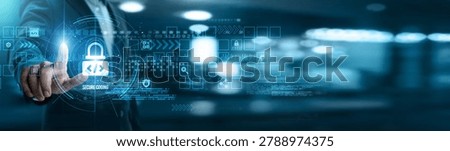 Businessman touching secure coding networking and vulnerability detection, encryption methods, penetration testing, input validation, compliance standards, code review, threat prevention.