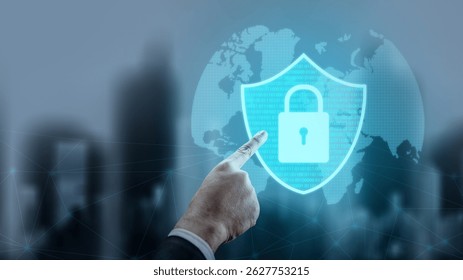 Businessman touching a shield with a padlock icon on a globe. Technology innovation on a virtual screen. Concept of Cybersecurity, data protection, or digital information privacy