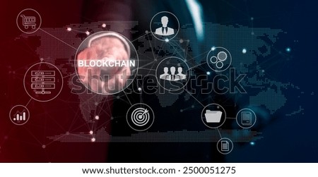 businessman touching a smart contract and executing a cryptocurrency transaction with blockchain technology. The transaction is secure and transparent, and there are other people in the background.