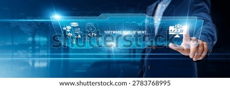 Businessman touching software development on digital screen, coding framework, application design, system architecture, agile methodology, project collaboration, testing automation, product deployment