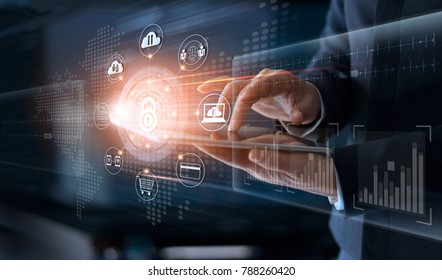 Businessman touching technology global networking security information safety and encryption with icon on virtual screen , Data protection and Cyber security concept - Shutterstock ID 788260420