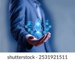 Businessman touching transparent rocket icon launching. Startup concept, rocket, growth, company, idea, success, digital, technology, marketing, finance, innovation, project, design, creativity.