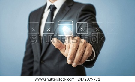 Businessman touching virtual browser close tab icon, closing windows efficiently in internet browsing, concept of digital interface, online navigation and modern technology for business productivity