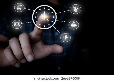A businessman touching a virtual clock interface with lifestyle icons, symbolizing time management, productivity, daily routine, and modern technology in digital business and personal organization.