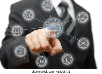 Businessman Touching Virtual Cloud Who Connects Multiple Digital Devices