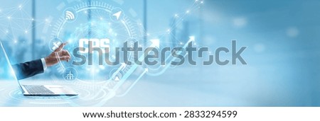 Businessman touching virtual interface with CPS and industrial internet of things networking. Cyber-physical system automation, smart factory hardware integration, embedded digital control