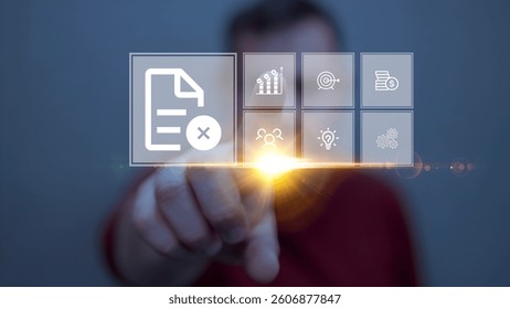 Businessman Touching Virtual Interface with Delete Document Icon and Digital Business Analytics Symbols