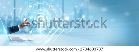 Businessman touching virtual interface with DevOps continuous integration and continuous deployment networking. Agile development infrastructure, automated pipeline operations, Cloud integration