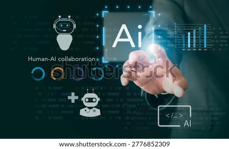 Businessman touching virtual interface for human-AI collaboration. Concept of futuristic artificial intelligence partner, digital workspace automation, machine learning and smart business synergy.