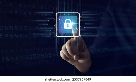 Businessman touching virtual master key with binary number code for identity and access password ,technology security system and prevent hacker concept.