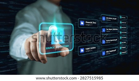 Businessman touching virtual screen accessing digital source repository and document management system. Concept of big data storage, cloud archive, and file organization.