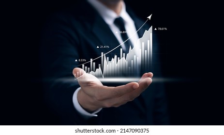 Businessman Touching Virtual Screen And Data Statistical Index Graph, Stock Market Data And Stock Exchange Concept, Stock Market Financial Analysis Graph.