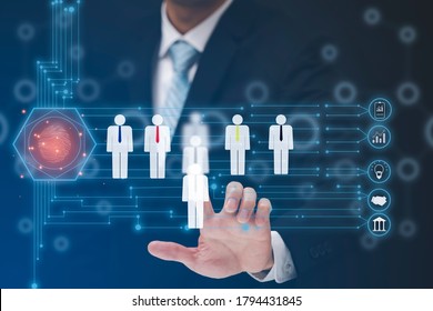 Businessman Touchscreen HR Human ,people Icon On The Graph Screen Of A Media Screen, Technology Process System Business With Recruitment, Hiring, Team Building. Organisation Structure Concept.