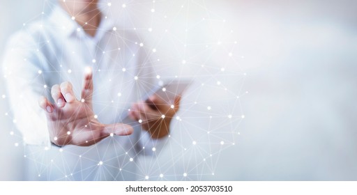 Businessman touchscreen on the graph Screen Icon of a media screen, Technology Process System Business with Communication and marketing concept, Team success, HR Human, Business money success.