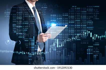Businessman trader in suit using tablet with business report hologram. Business and financial success concept. double exposure. Forex Chart