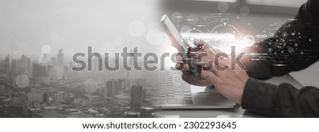 Businessman transfer data from smartphone to futuristic network cloud computing stronge data system. interface cloud icon connect data base station operations use artificial intelligence or AI system 