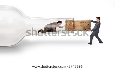 A businessman trapped inside a bottle trying to crawl out through the neck with his partner pulling on the cork from the outside