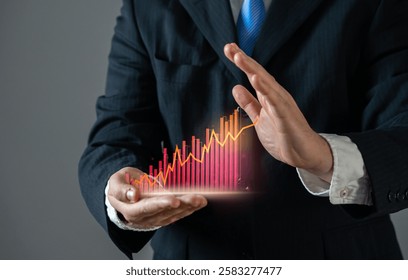 Businessman tries to stop the growth of the red graph. Indicator of high expenses, growth of crime or corruption, other negative news. Rising expenses, economic downturn, financial losses, inflation