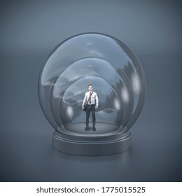 Businessman In A Triple Glass Bubble. Concept Of Protection And Limitation, Imprisonment. Conceptual Abstract Image.