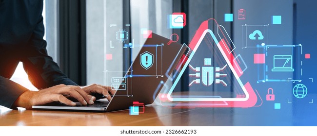 Businessman typing in computer, double exposure bug detection and online security, hacker attack and cyber crime. Concept of virus, digital protection and software