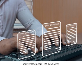 Businessman typing and framing Terms of use concept. Reading terms and conditions of website or application.
