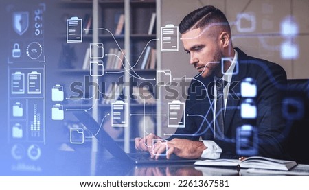 Businessman typing on laptop, double exposure online documentation system and business files storage. Concept of database and data security